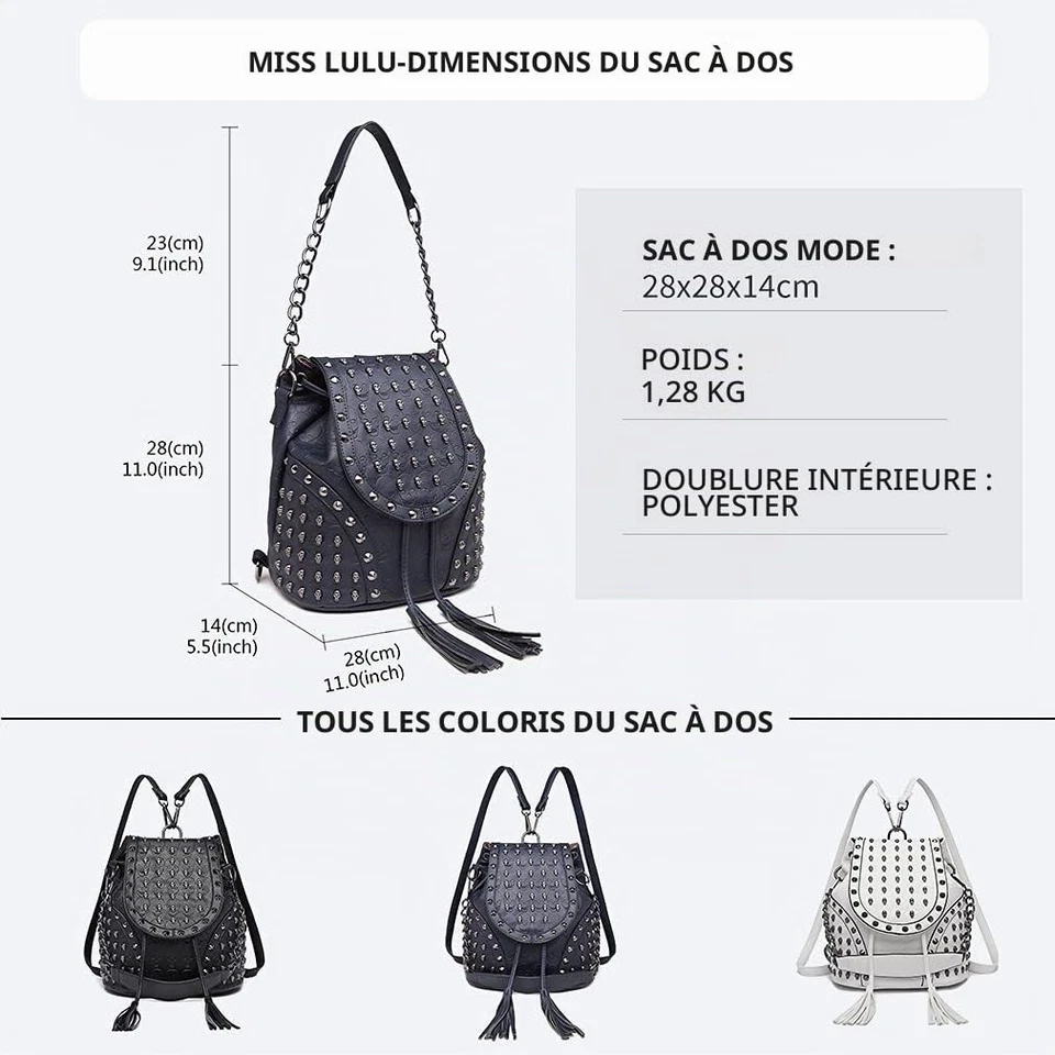 Sac à Dos Femme Punk Gothique Tête de Mort PU Grain de Litchi Sacs a Main Voy... - Photo 3/4