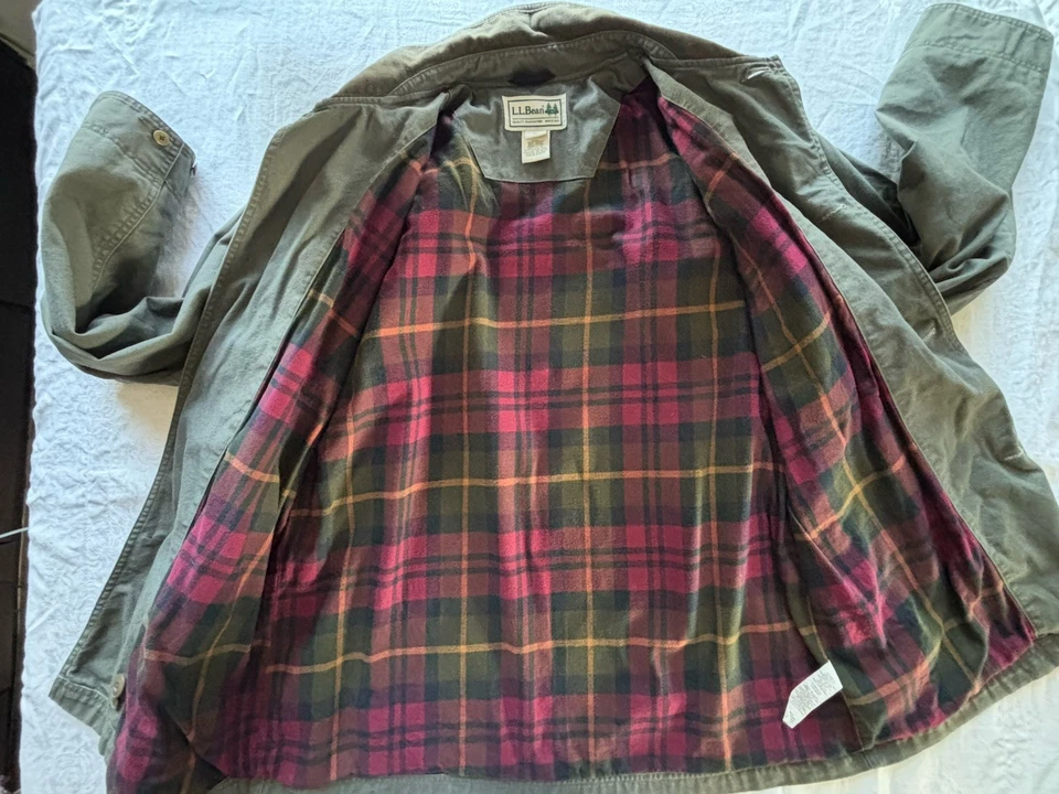 LL Bean Field Coat Plaid Flannel Lined Green Canvas Chore Barn Utility Jacket XL - Image 4 of 4