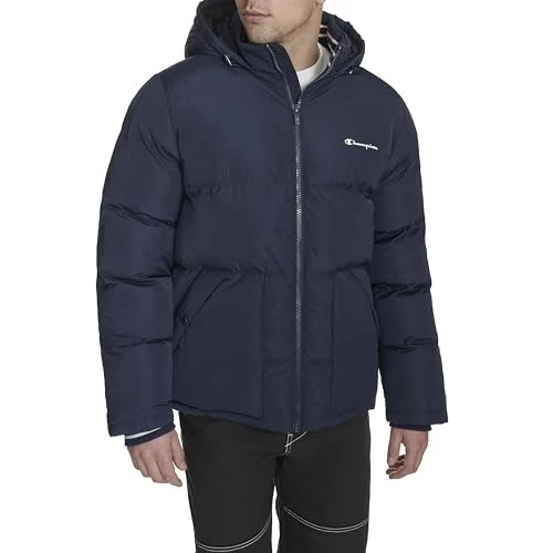 CHAMPION MEN'S QUILTED FULL-ZIP HOODED PUFFER JACKET MEN M PEACOAT PATCH POCKET
