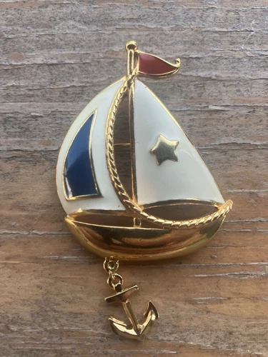 Vtg. Avon Sailboat w/Anchor Brooch Pin--Free Ship