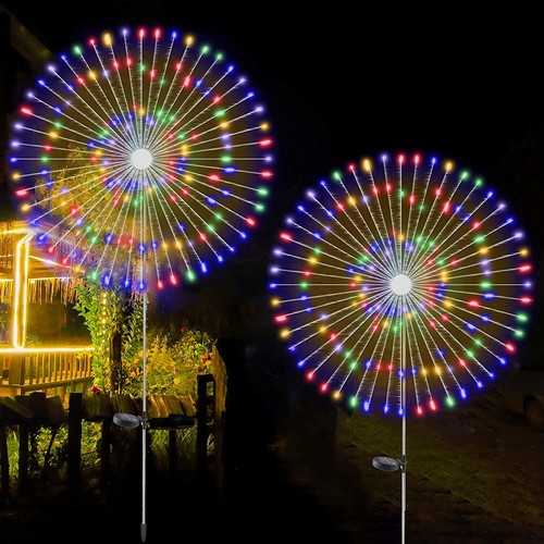 2 Pack 150 LED Solar Powered Firework Lights Garden Path Starburst Stake Outdoor - Picture 1 of 14