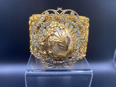 Early Massive MIRIAM HASKELL Gold Tone Floral Pearl Open Cuff Bracelet