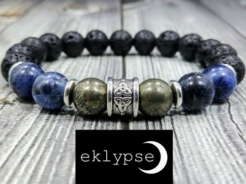8"L Silver Celtic Trinity Knot 10mm Sodalite+Pyrite+Lava Gemstone Bead Bracelet - Picture 1 of 8