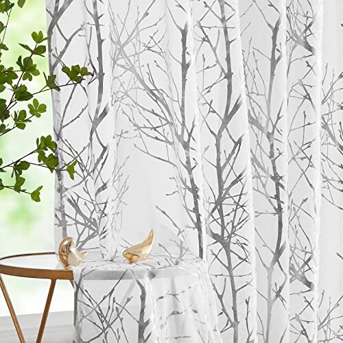 Silver White Sheer Curtains For Living Room 63inch Metallic Tree Branch Print Wi - Picture 2 of 9