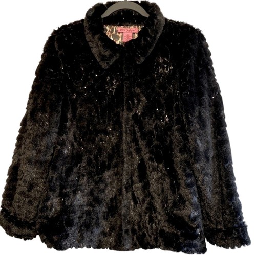 Betsey Johnson Womens S Black Sequin Stitch Faux Fur Jacket Animal Print Lining - Picture 2 of 9