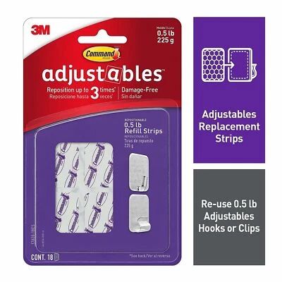 3M Command Adjustables Mini Refill Strips 18 Strips 17820-18ES Reposition 3x 0.5