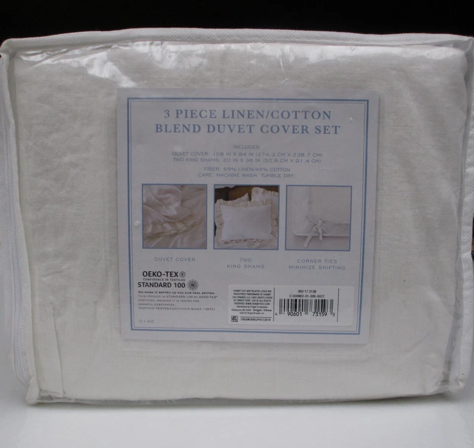 Simply Shabby Chic White/Tan Linen/Cotton Raw Edge Ruffled Duvet Set - King - Image 2 of 4