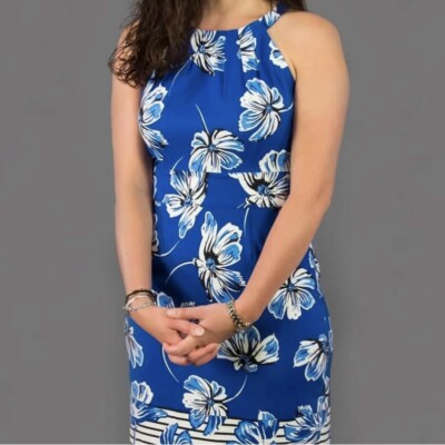 EUC DRESSBARN Blue Floral Halter Dress Black White Sz 8 Bodycon Short Tropical | eBay EUC DRESSBARN Blue Floral Halter Dress Black White Sz 8 Bodycon Short Tropical | eBay