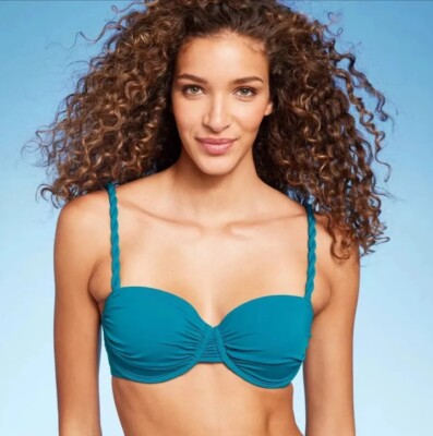Shade & Shore Women's 34DD Bikini Top Teal Blue Light Lift Shirred Underwire New