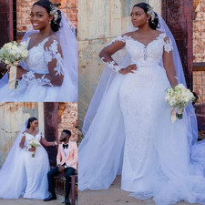 Plus Size South African Mermaid Wedding Dresses With Detachable Train Pearls