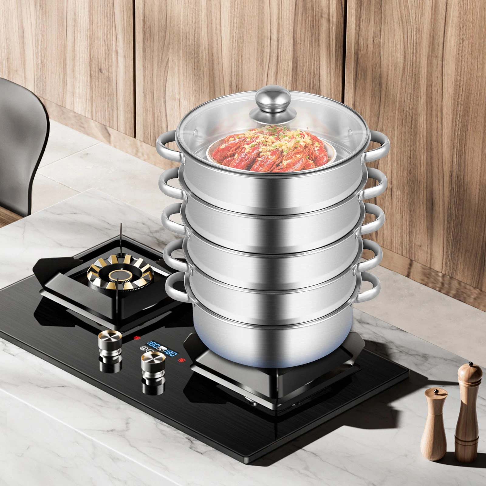5 Tier Stainless Steel Steamer Cooker Steam Pot Kitchen Food Cooking + Glass lid