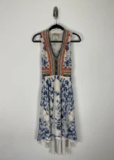 Fuzzi Floral Overlay Hi-Lo Dress Size Small Blue Beige Sleeveless Stretch Flowy