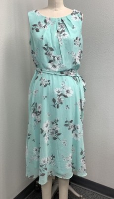 R&K Dress Women's 8 Turquoise Floral Below Knee Sleeveless Belted Flowy Wedding