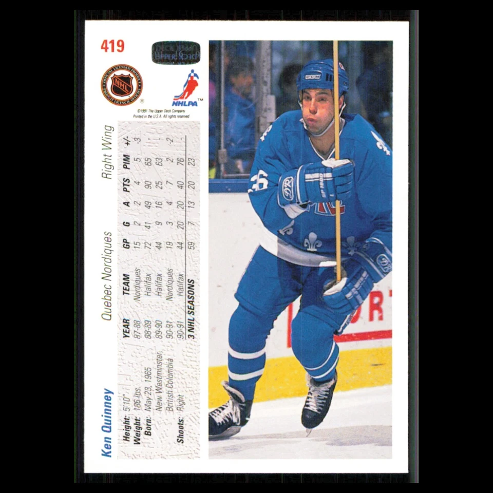 Ken Quinney Rookie #419 1991 Upper Deck Quebec Nordiques Hockey Card NHL NM - Image 2 of 3