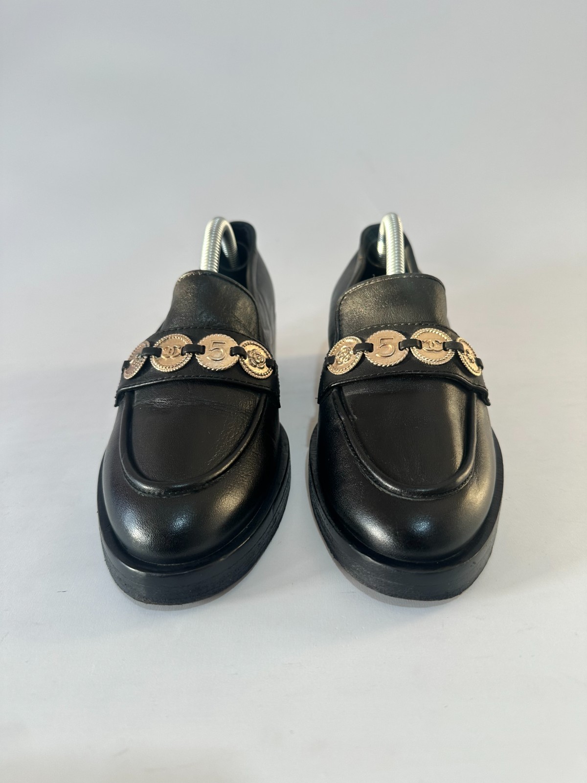 CHANEL black leather gold CC 5 coin embellished classic loafers Size 36 EU/ 6 US