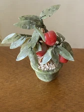 Vtg Jade Bonsai Tree Peach Stone Fruit Orange Coral Circle Base 5 Inch