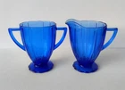 HAZEL ATLAS NEWPORT HAIRPIN COBALT BLUE DEPRESSION GLASS CREAMER & SUGAR BOWL