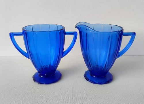 HAZEL ATLAS NEWPORT HAIRPIN COBALT BLUE DEPRESSION GLASS CREAMER & SUGAR BOWL