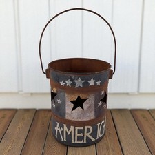 America Small Candle Holder Rustic Barrel Pale Bucket 6” with Handle Patriotic
