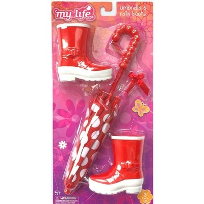My Life Doll Rain Boots & Umbrella Set Red Polka Dots Fits American Girl Dolls