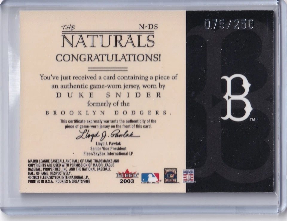 2003 Fleer The Naturals Duke Snider Game Used Jersey Card /250 Dodgers - Image 2 of 2