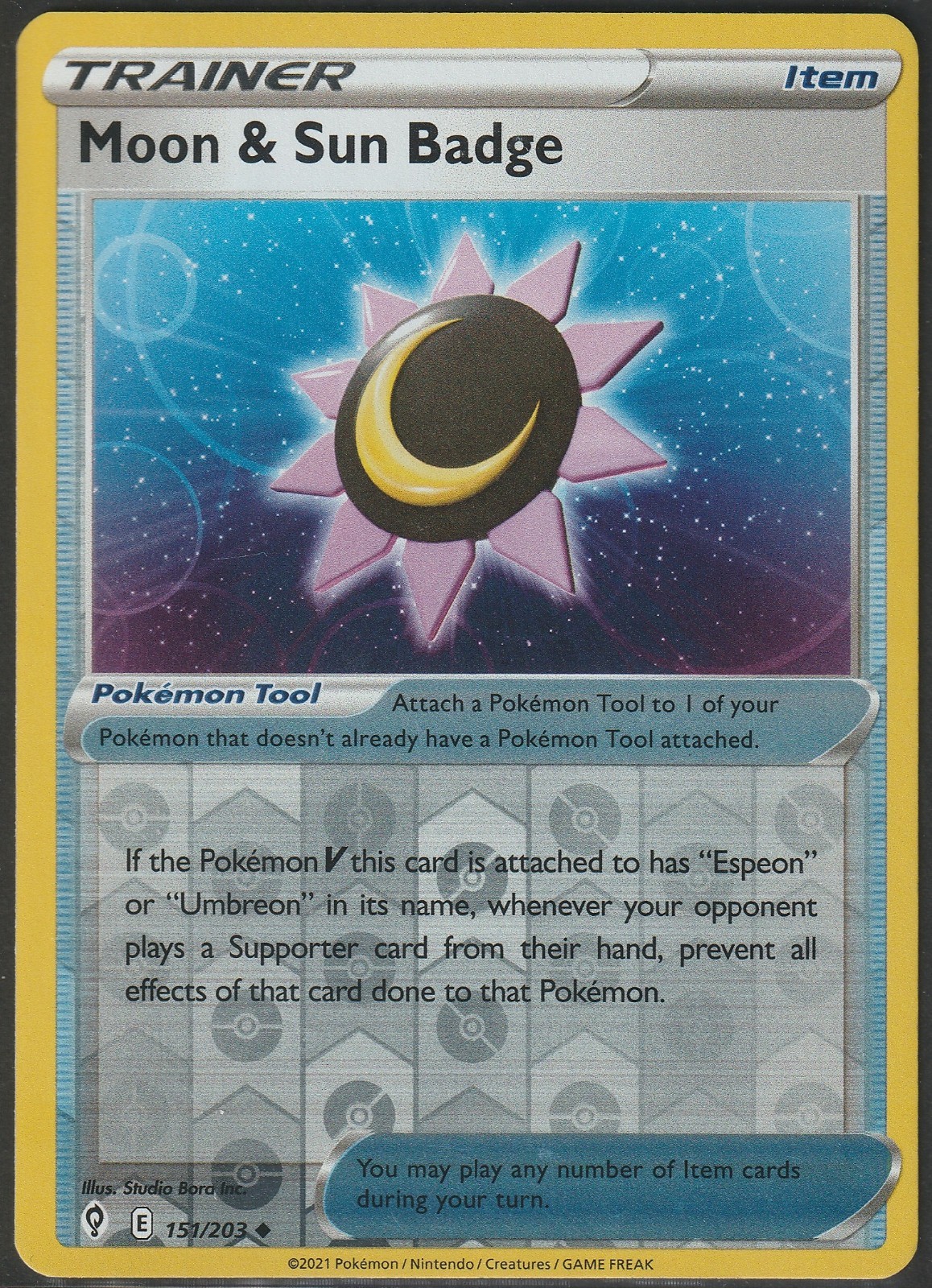 Moon And Sun Badge Reverse Holo 2021 Pokemon TCG Evolving Skies Card #151/203