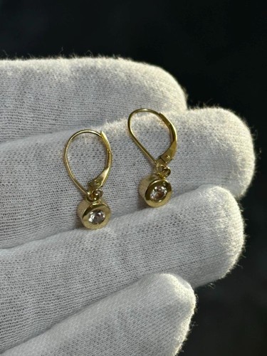 14k Yellow Gold Halo Design Drop Design White Topaz Dangle Earrings 2.4 Grams - Picture 2 of 8