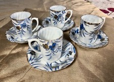 Vintage Estate Set 4 Demitasse Tea Cups  Saucers, Blue  White Metallic Floral
