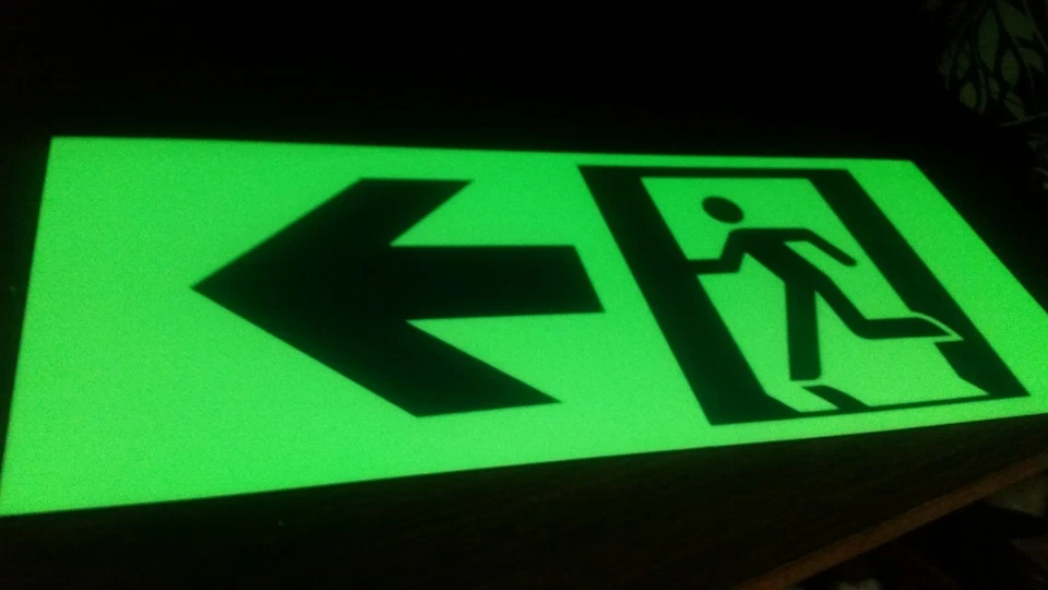 GLOW IN DARK EXIT SIGN+running man 370mmx150mm RorLHSstraight arrow strong glow