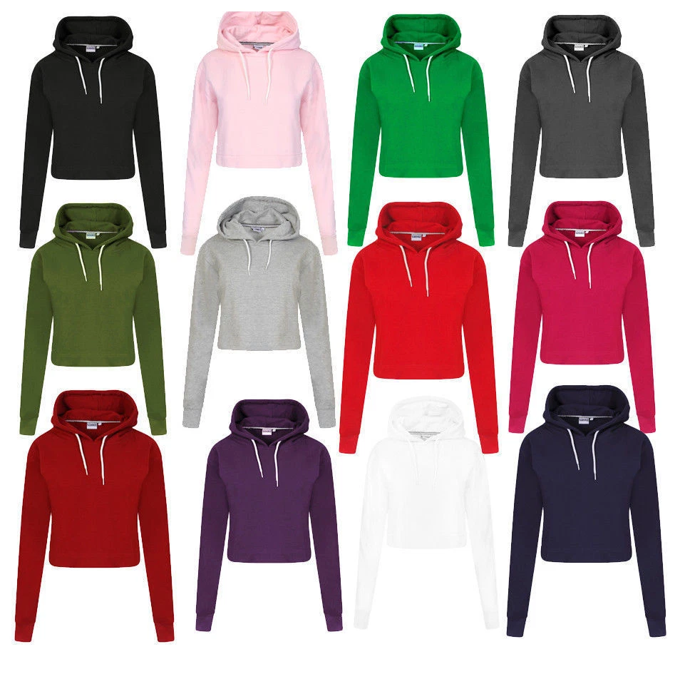 Womenu0026#039;s Crop Top Hoodie Ladies Plain Pullover Sweatshirts Girls Hoodies  Jumpers | eBay