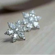 2.00Ct Pear Cut Real Moissanite Flower Stud Earrings 14K White Gold Plated
