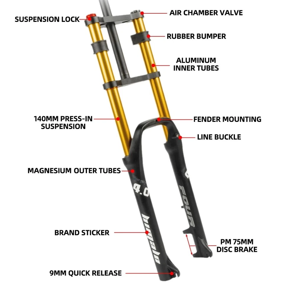 Double Shoulder Rebound Adjustment Fat Bicycle Suspension Air Fork 26" 4.0"135mm - Image 4 of 4