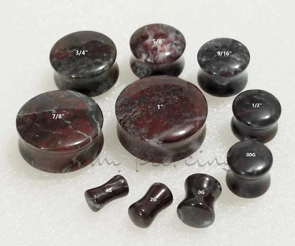 PAR de tapones medidores de oreja de silla de montar acampanada doble piedra de sangre de pollo natural orgánica Foto 2 de 3