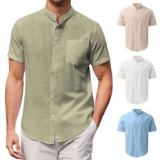Men Long Sleeve Linen Shirt Tops Blouse Dress Shirt Solid Color Casual Loose