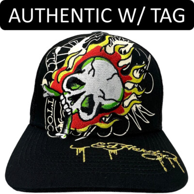Ed Hardy Trucker Hat Embroidered Tattoo Fire Skull Black Mesh Snapback Cap