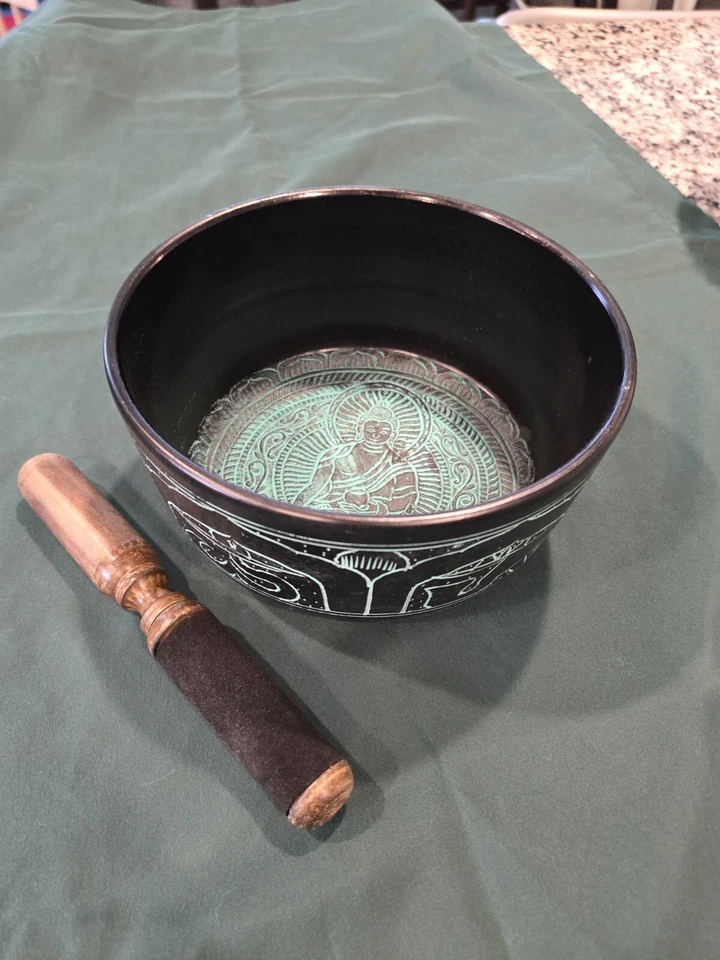 Singing bowl - Green and Black with Buddha - Aluminum - 7" - Image 2 of 4