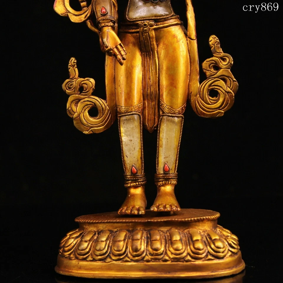 Antiguo Templo Jokhang Tibetano Antiguo Cobre Puro Incrustaciones con Gemas Cristal Tara Verde Foto 3 de 4