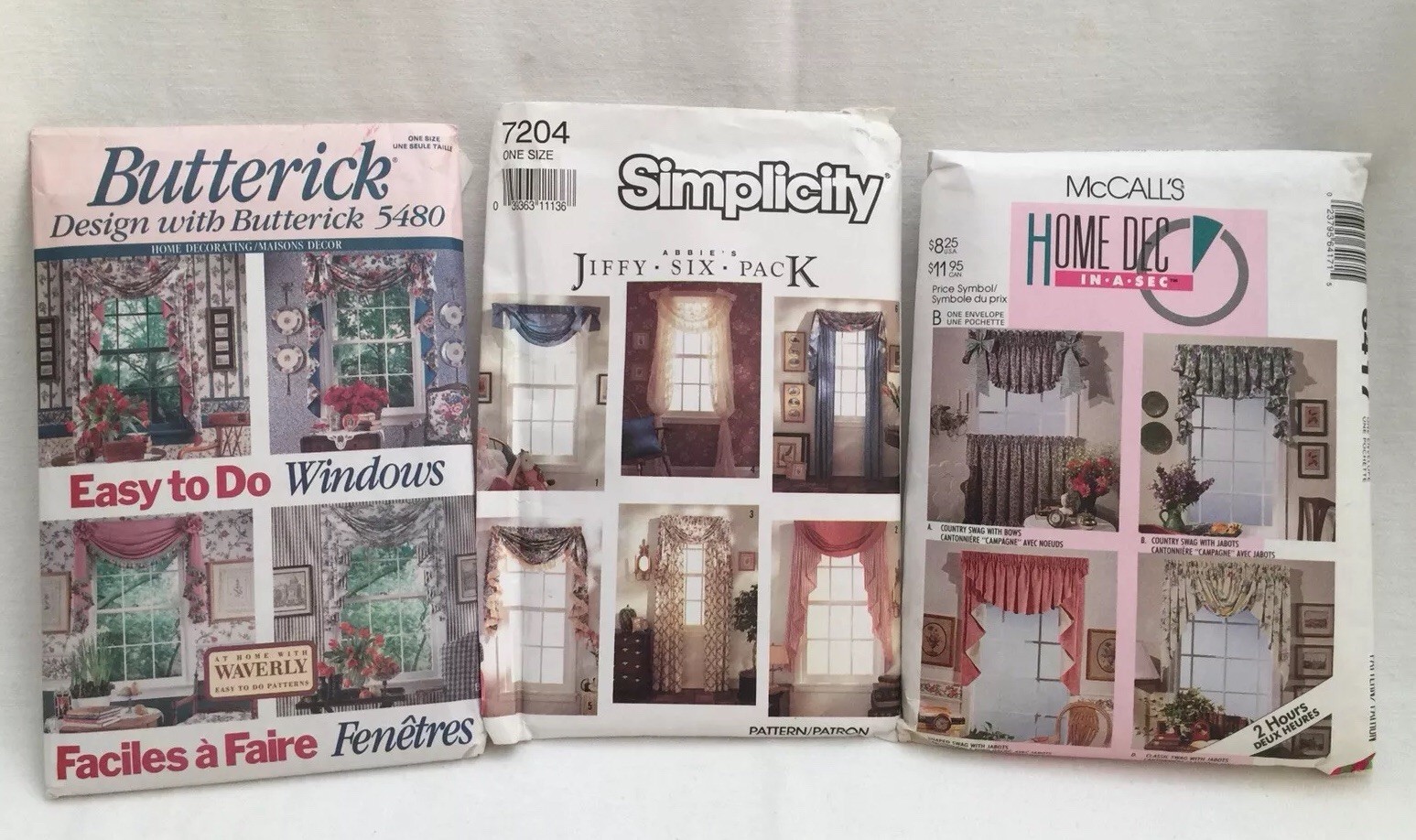 3 Vintage 1990's Pattern Window Treatments Butterick Jabot Swag Cafe