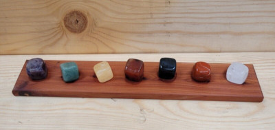 Handmade Wood Base/7 Chakra SquareTumbled Stones/Crystals Set/Pouch/ArtistSigned