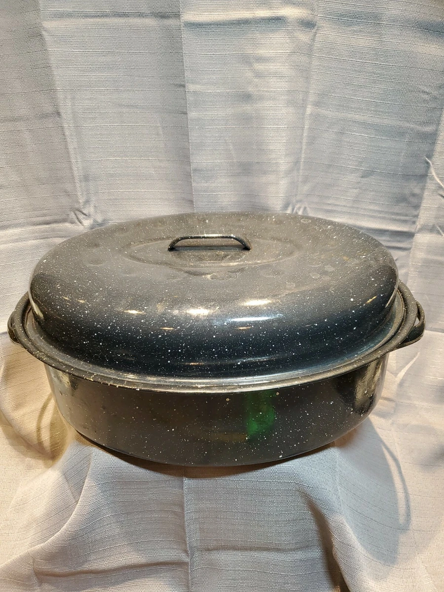 Vintage Large Turkey Roasting Pan Speckled Black Enamel Oval Roaster & Lid