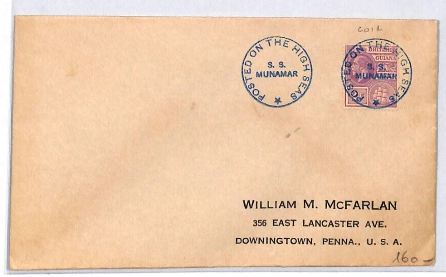 BRITISH GUIANA KGV Cover *SS MUNAMAR* BLUE SHIP CANCEL Maritime USA YJ300 - Image 4 of 4