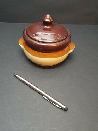 Vintage Brown/ Cream Stoneware Bowl with Lid/ Soup Jar - 第 12/12 張圖片