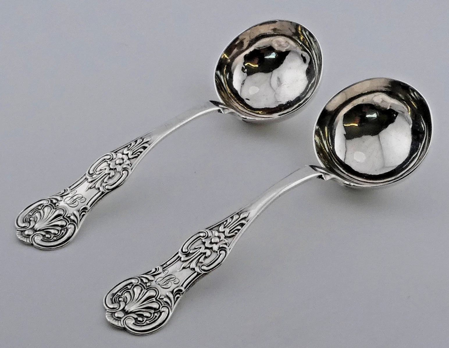SUPERB PAIR OF STERLING SILVER SCOTTISH SAUCE LADLES KINGS PATTERN GLASGOW 1854