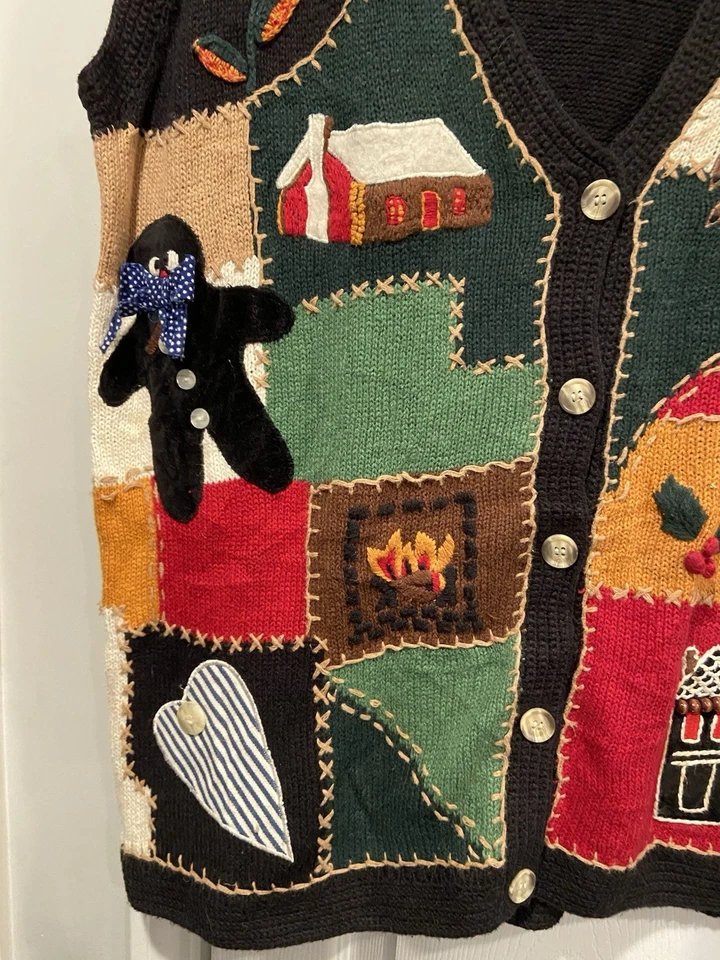 VTG 80s Cambridge Country Store Size L Christmas Sweater Vest Cotton Patchwork - Image 3 of 4