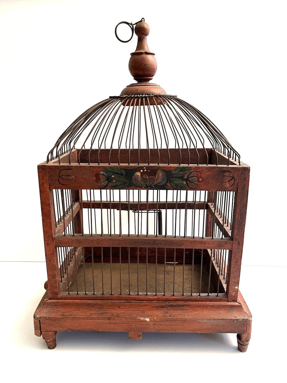 Vintage Antique Victorian Wood and Wire Bird Cage w/Hand Painted Flowers L@@k!