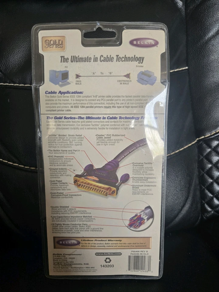 Belkin IEEE 1284 Printer Cable 10 ft Gold Series Gold Plated New Sealed - Image 2 of 2