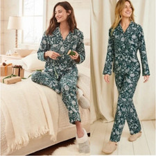 GARNET HILL Organic Cotton Heritage Flannel Pajama Set S NWOT Green Floral PJs
