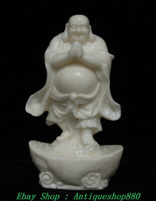 7" Old Chinese Natural White Jade Carved Buddha Hand Lotus Auspicious Statue