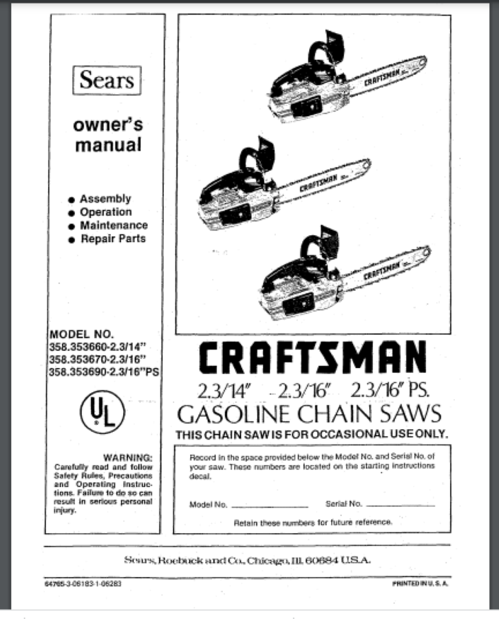 Sears Craftsman chainsaw Owner manual 358.353690 Comb Bound Gloss cover ...