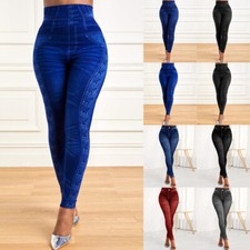 Womens Denim Look Stretchy Leggings Trousers Ladies Skinny Slim Jeggings Pants
